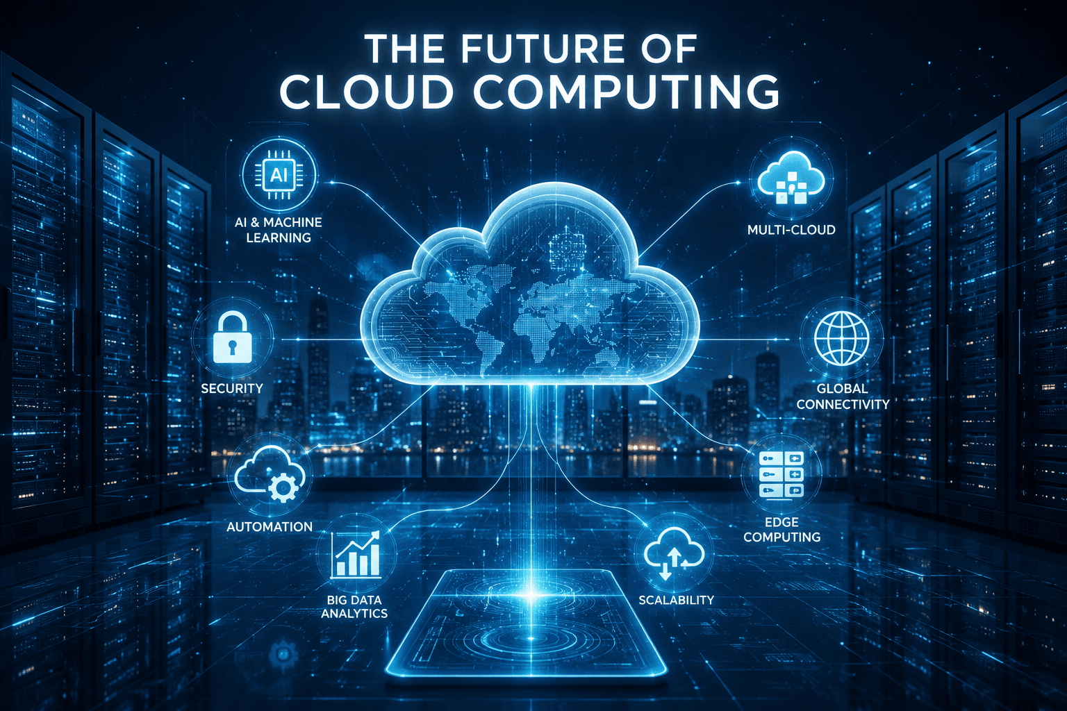 Professional IT engineer monitoring cloud computing infrastructure on multiple screens displaying cloud networks, servers, AI automation, cybersecurity, data analytics, and digital transformation technologies in a modern workspace.